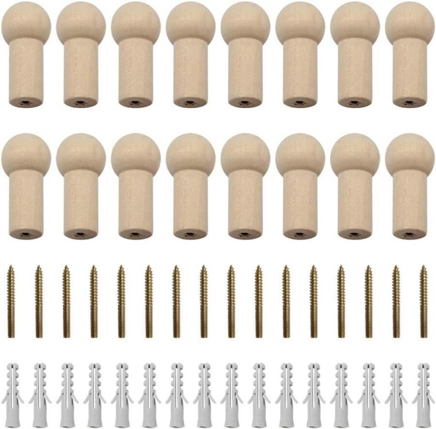 Houten kapstokhaken set 16 stuks voor muurjassen en handdoeken Haakjes met schroeven 25 x 52 cm Maximale belasting 7 kg