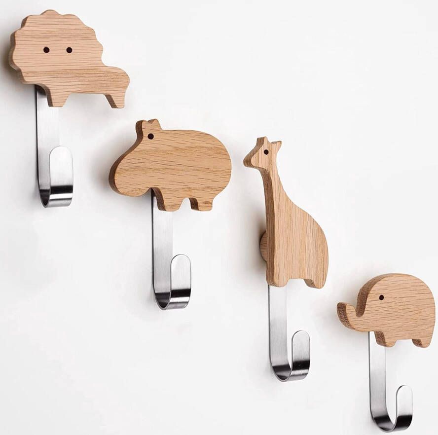 Houten kapstokhaken voor kinderen in dierenvormen eiken wandhaken kapstokken kinderkamer dieren leeuw olifant nijlpaard giraffe decoratie (eiken inclusief 4 metalen haken)