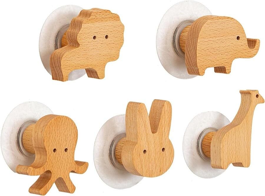 Wooden Coat Racks 5 Shapes Clothes Hooks Wall Mounted Sticky Wooden Hooks for Shower Cabins Set of 5