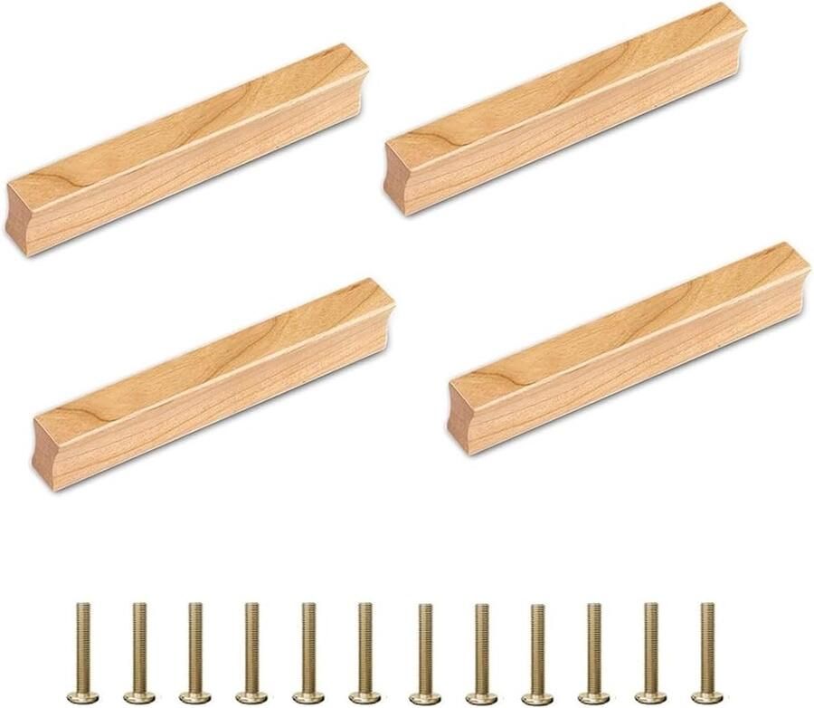 Houten kastgreep 4 stuks gatafstand 128 mm houten meubelgrepen ladegreep massief meubelgreep met schroeven voor kasten en laden