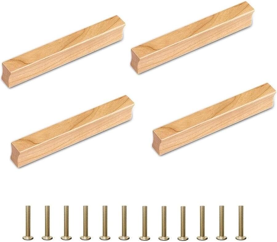 4 stuks houten kastgrepen gatafstand 128 mm streepvormig design met schroeven