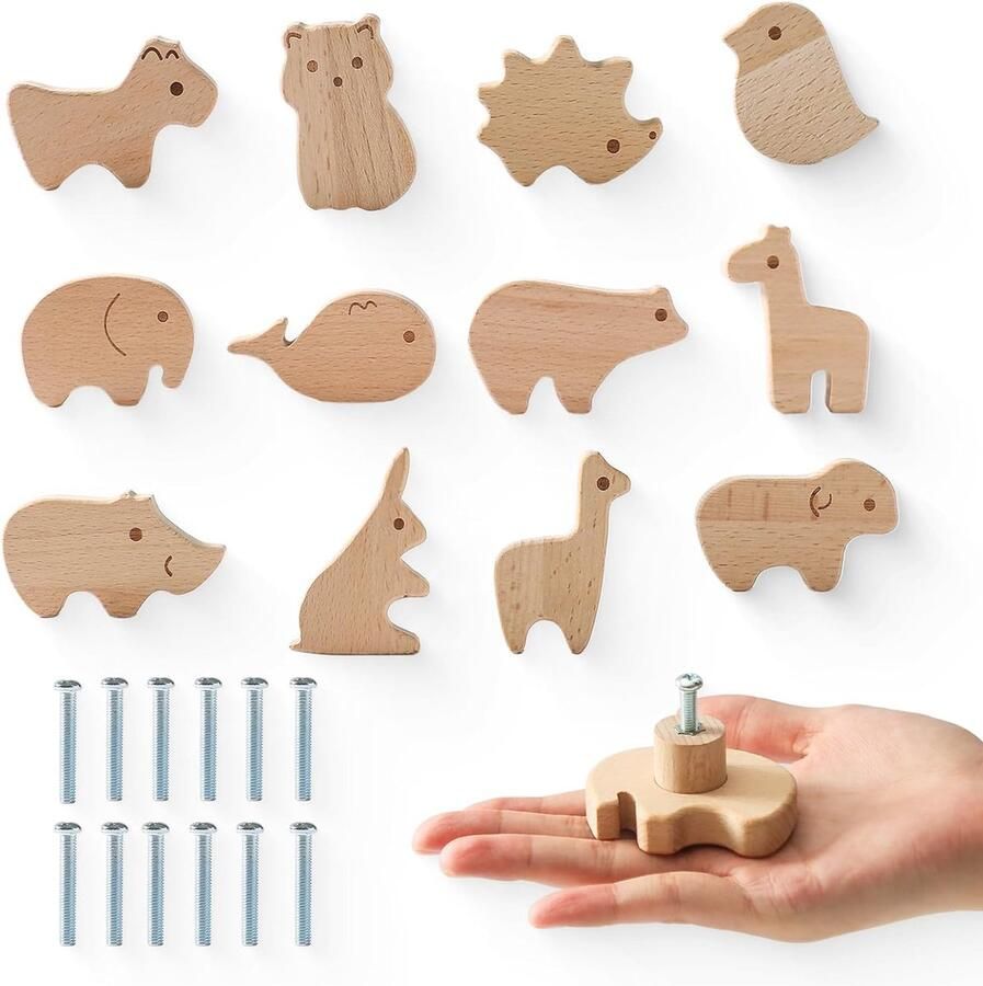 Houten Kastknoppen Dierenvormen Kinderkamer Decoratie 12 Stuks Hout