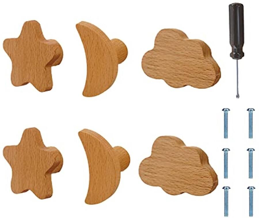 Houten Kastknoppen voor de Kinderkamer Set van 6 Ster Wolk Maan Meubelgrepen
