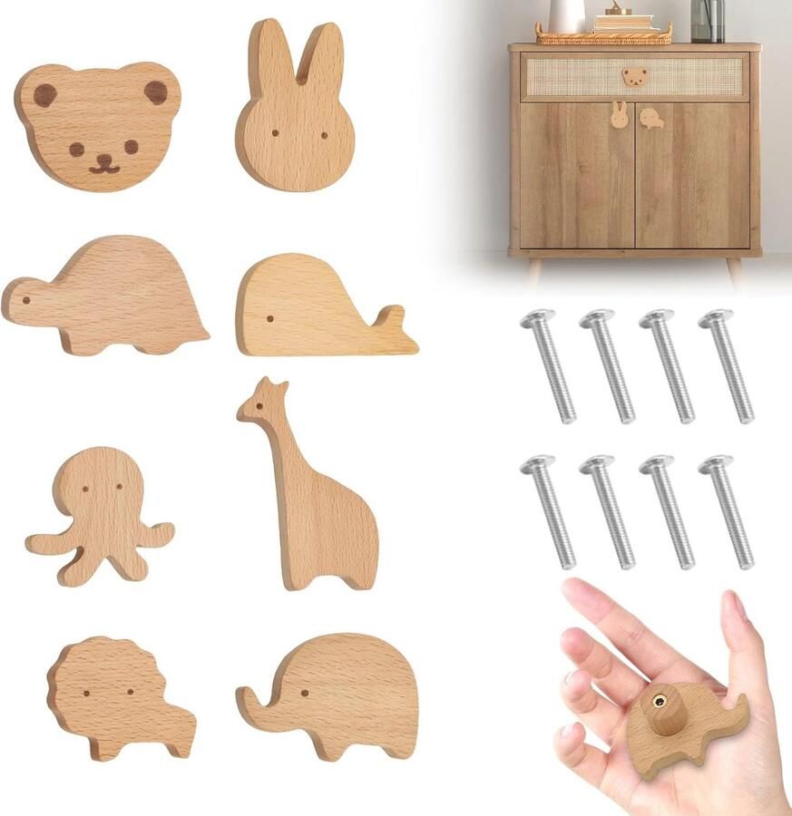 Houten Kastknoppen voor Kinderen 8 Stuks in Dierlijke Motieven