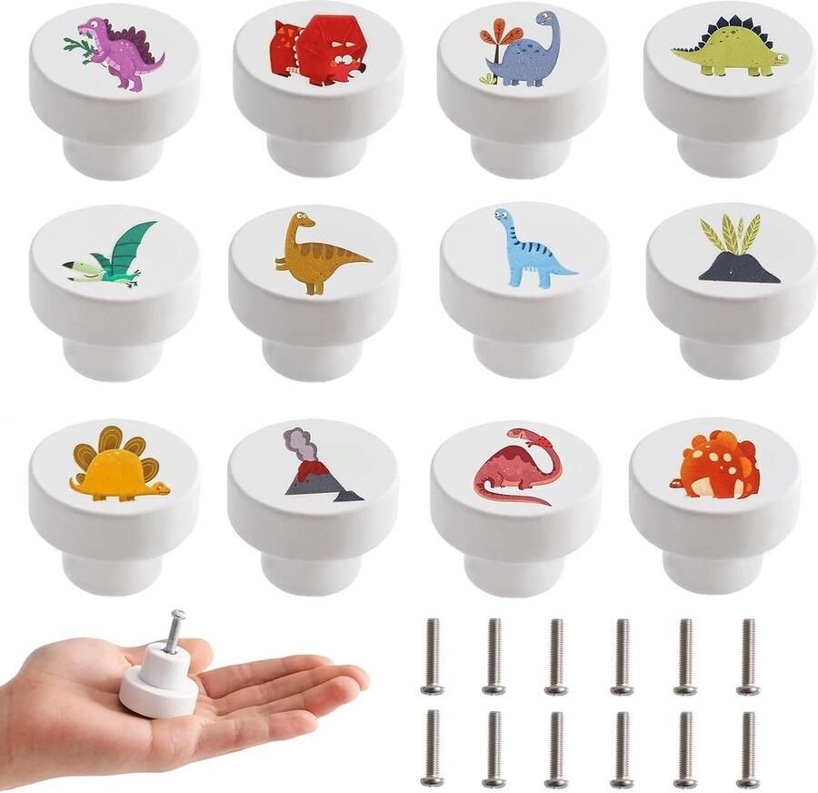 Houten kastknoppen voor kinderkamer 12 stuks dinosauruspatroon 35 mm meubelknoppen schroeven handgrepen kasten wit kinderen kastknoppen kinderkamer