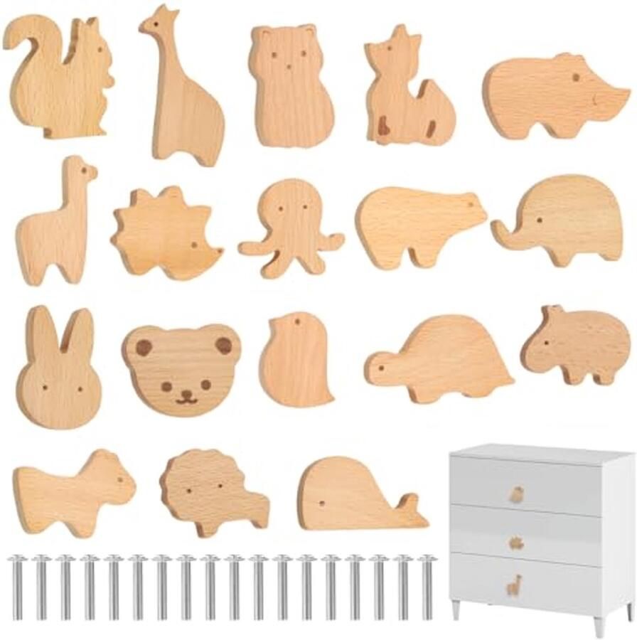 Houten Kastknoppen voor Kinderkamer met Dierenmotieven 18 Stuks