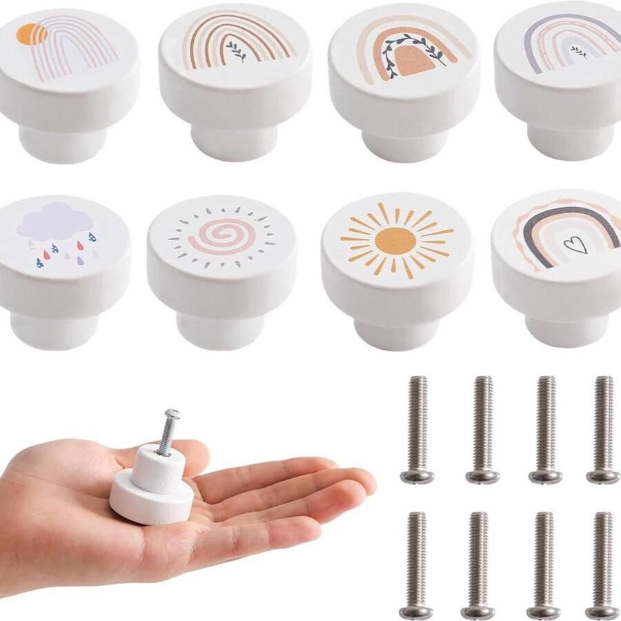 Houten kastknoppen voor kinderkamer Set van 8 stuks 35 mm Meubelknoppen met schroeven Houten handgrepen Witte deurknoppen voor kinderen kastknoppen kinderkamer