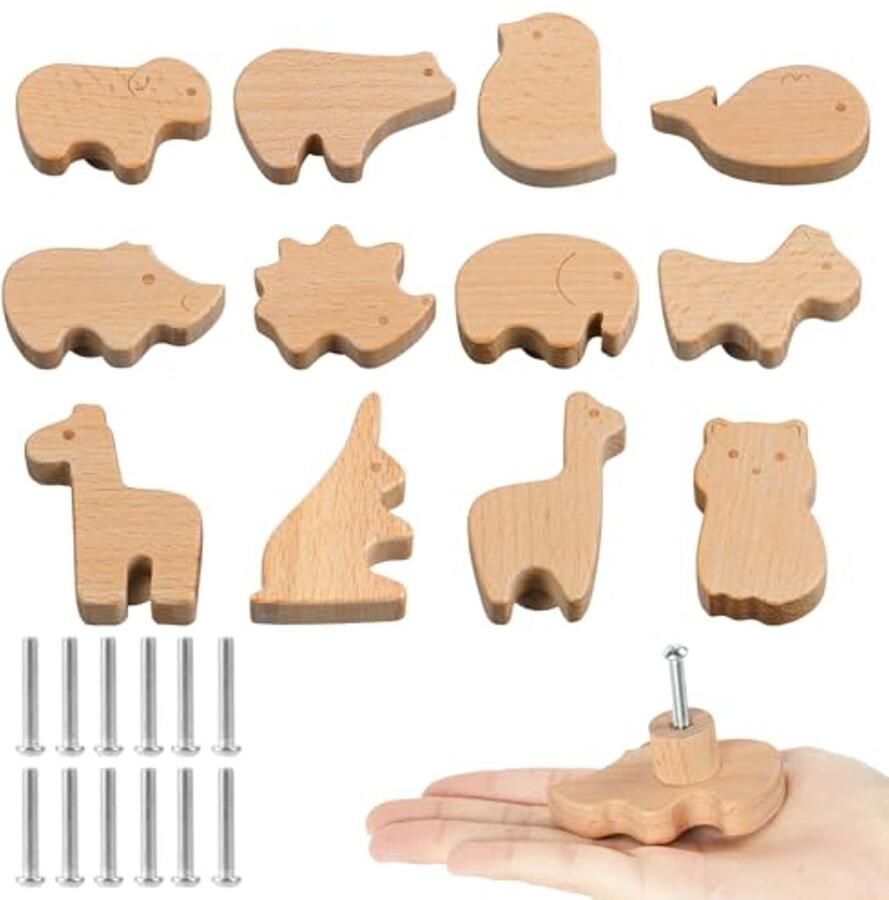 Houten Kastknoppen voor Kinderkamers 12 Stuks met Schattige Diermotieven