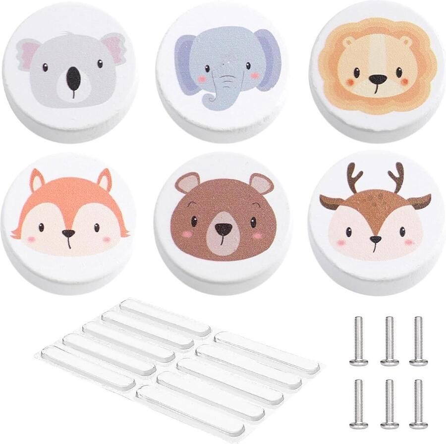 Houten kastladegrepen met siliconen deurbescherming 6 stuks cartoon dier 35 mm kinderkamer keuken slaapkamer kastknoppen kinderkamer