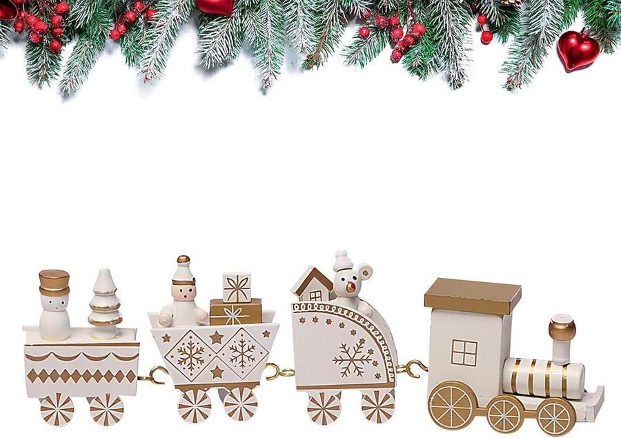 Houten kersttrein tafeldecoratie Mini treinspeelgoed voor Kerst Decoratieve houten kerststoomlok Kerstdecoratie voor vitrine raam Bureau decoratie en kindercadeau (wit)