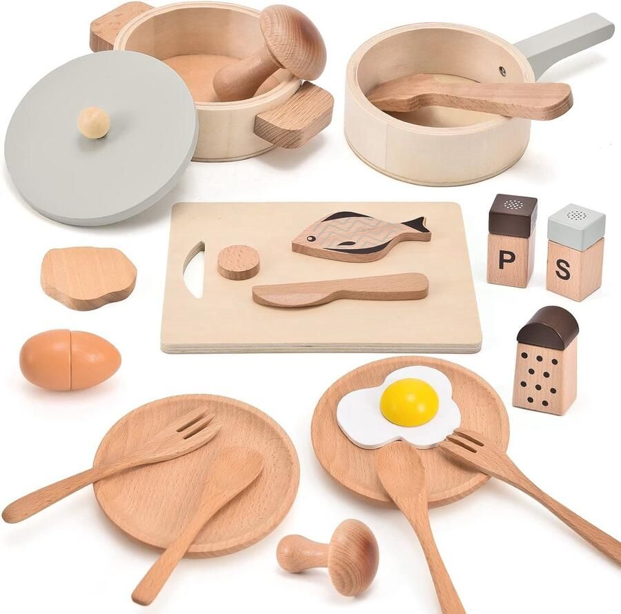 Houten Keuken Speelgoed Set voor Kinderen 21 Stuks Educatief Kookgerei en Accessoires