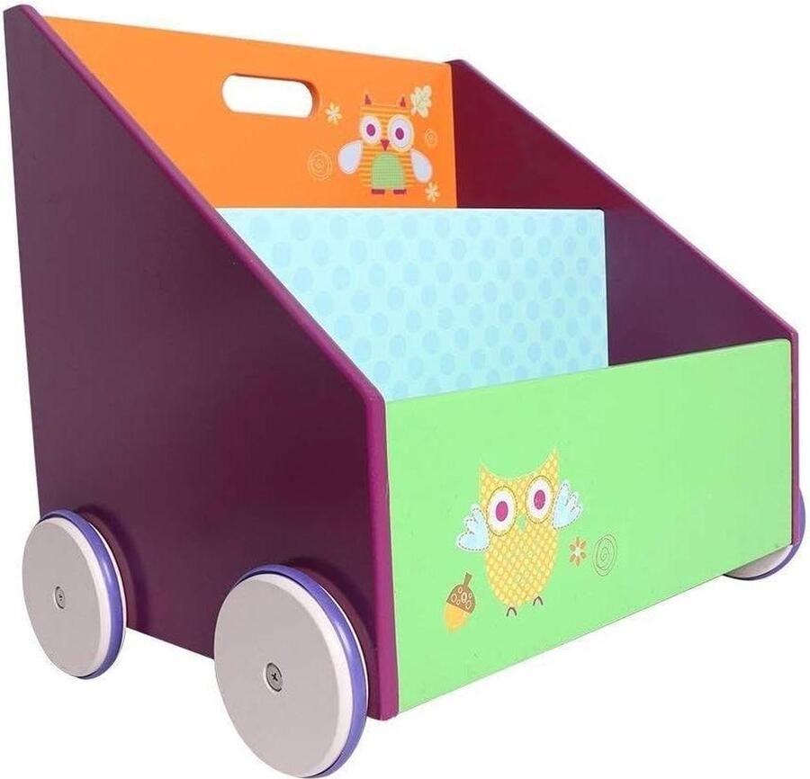 Houten kinderboekenkast met wielen Uil thema Opberging voor kinderen 1-5 jaar Boekenplank met kleurrijke boeken Boekenkast kind