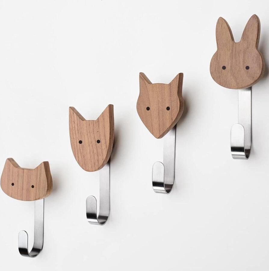 Houten kinderkapstok dierenhaken voor kinderkamer hond kat vos konijn decoratie eikenhout met 4 haken