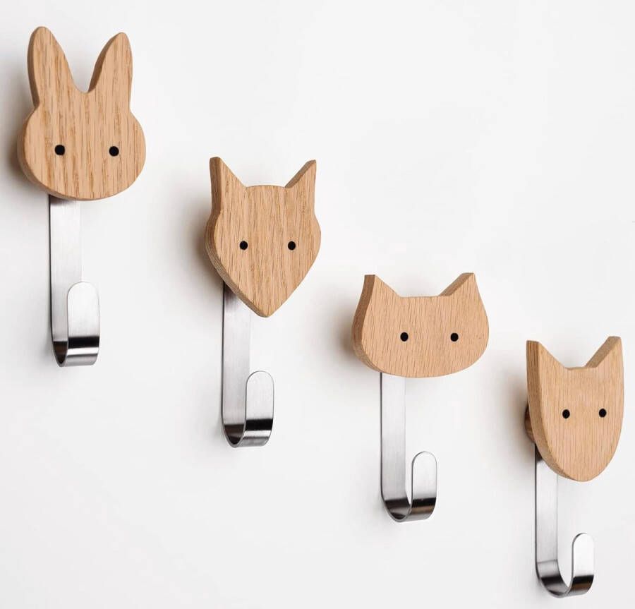 Houten kinderkapstok in dierenvorm wandhaak kapstok kinderkamer dieren hond kat vos konijn decoratie (eiken inclusief 4 metalen haken)