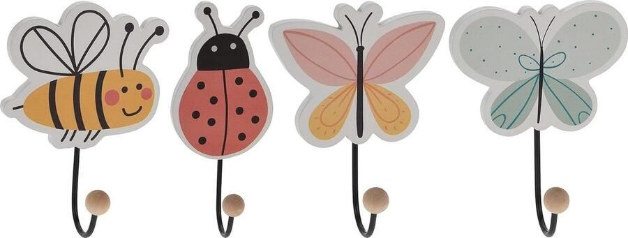 Houten kinderkledinghaken set van 4 diermotieven wandgarderobehaken vlinder en lieveheersbeestje