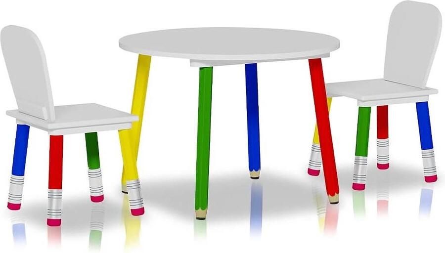 Houten kindertafel en 2 stoelen potloodtekening school thema