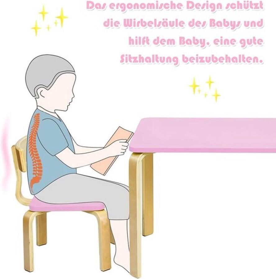 Houten kinderzitgroep met 1 kindertafel en 2 stoelen kindermeubels met afgeronde hoeken en randen kindertafel en stoelen voor thuis klaslokaal kleuterschool (roze)
