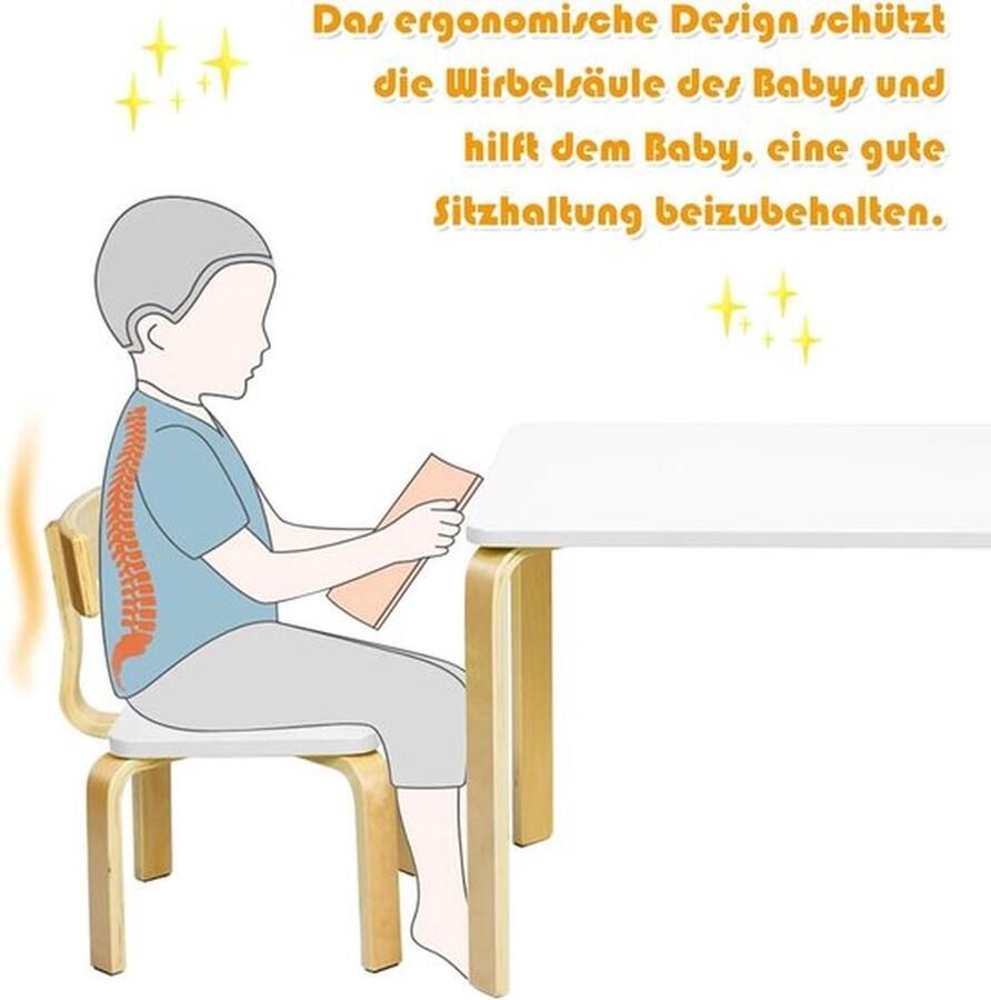 Houten kinderzitgroep met 1 kindertafel en 2 stoelen kindermeubels met afgeronde hoeken en randen kindertafel en stoelen voor thuis klaslokaal kleuterschool (wit)