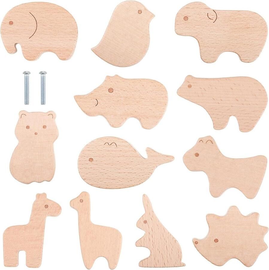 Houten knoppen voor kinderkamer 12 stuks meubelknoppen met schroeven dierenladegreep deurknoppen natuurlijke decoratie dressoir trekken kastknoppen kinderkamer