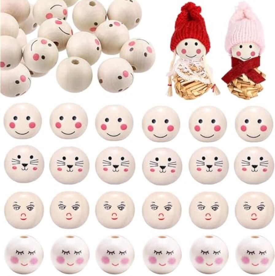 Houten kralen met gezicht 100 stuks ronde natuurlijke houten kralen voor doe-het-zelf handwerk poppen halsketting 20 mm (A)