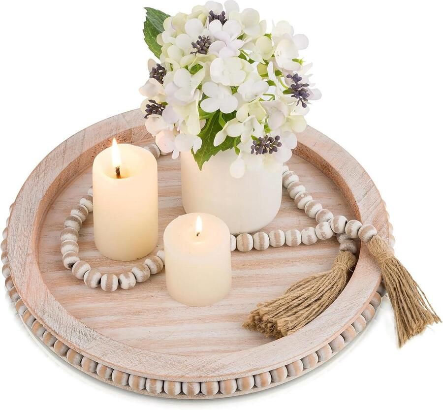 Houten kralendienblad Rustiek decoratief dienblad met kralen Roze witgekalkt Boerderij middelpunt Kandelaar Salontafel