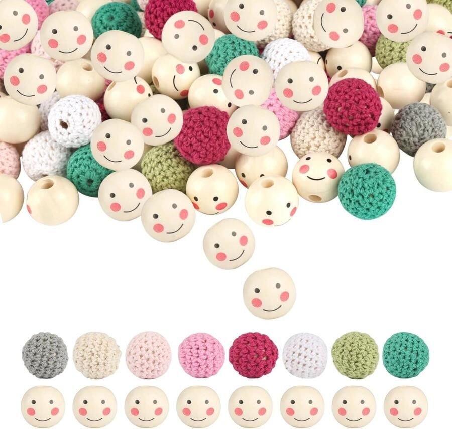 Houten kralenset met gezicht 99 stuks haakkralen en natuurlijke houten kralen voor DIY sieraden en decoraties
