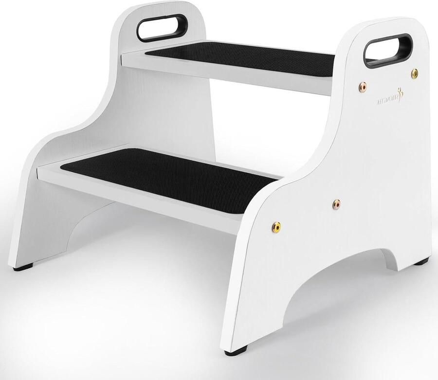 Houten kruk met 2 treden voor kinderen antislip oppervlak draagbare handgrepen 136 kg capaciteit veelzijdige en robuuste standaard wit Houten kruk