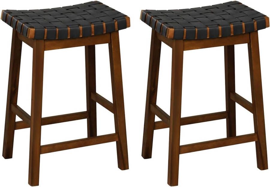 Houten kruk set van 2 met PU-weefsel barkruk met gebogen zitting 65 cm hoog met voetensteun voor eetkamer bar vintage bruin
