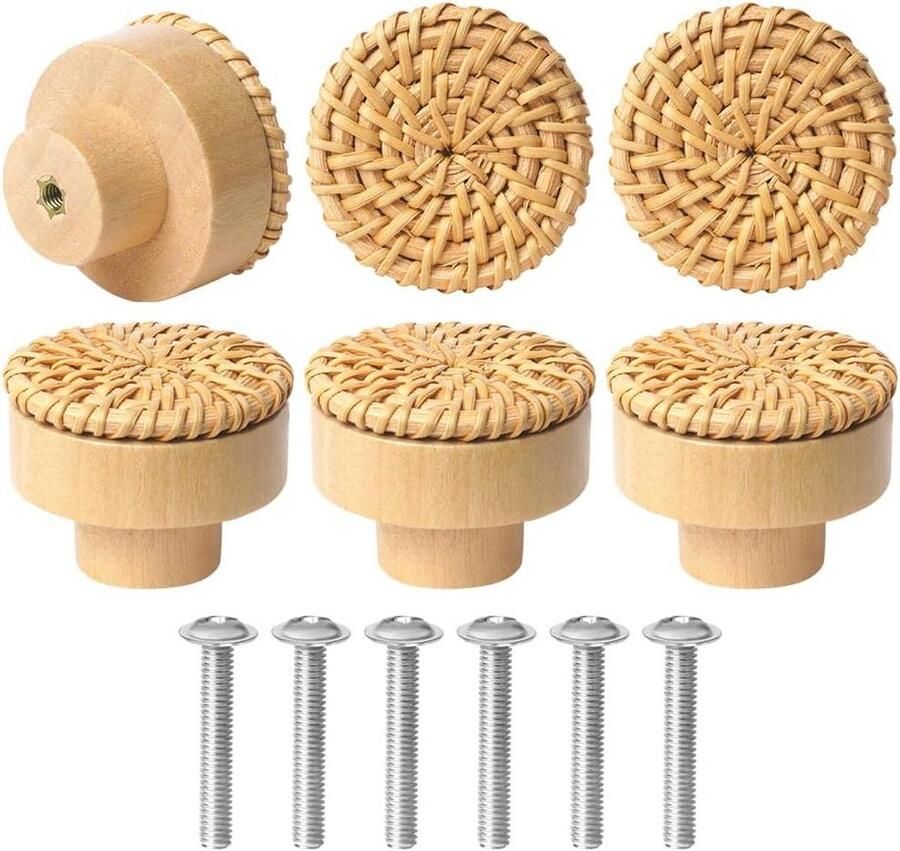 Inovra Houten Decoratieve Deurklinken 6 Stuks Boho Rotan Meubelknoppen voor Vintage Ladekasten Keukenkasten Deurknop en Ladeknoppen 4 cm . Meubelknop