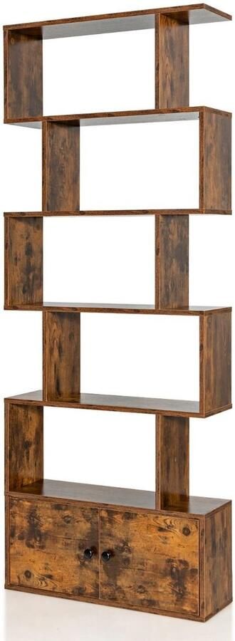Houten Ladder Boekenkast met 6 Lagen en 2 Deuren – Moderne S-vorm 70x23x183 cm Rustiek Zwart