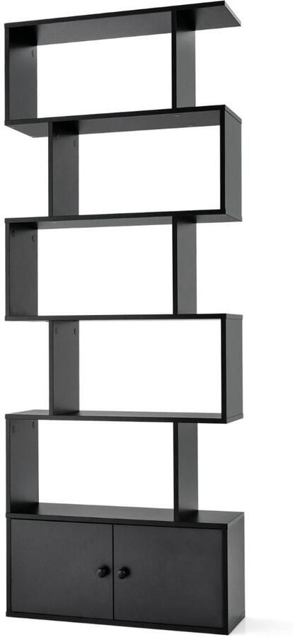 Houten Ladder Boekenkast met 6 Lagen en 2 Deuren – Moderne S-vorm 70x23x183 cm Rustiek Zwart