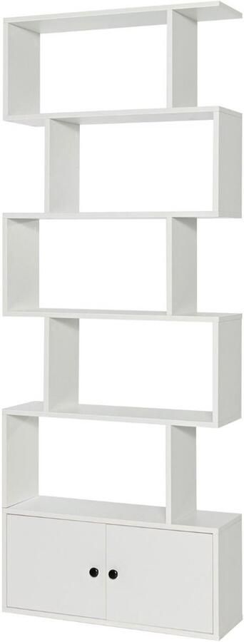 Houten Ladder Boekenkast met 6 Lagen en 2 Deuren – Moderne S-vorm 70x23x183 cm wit