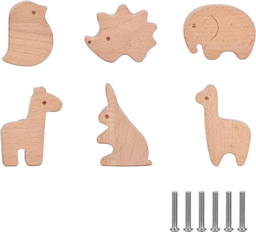 Houten ladegreep diervorm 6 stuks meubelknoppen voor kinderen kast knoppen hout kinderkamer decoratie lade handvat met schroeven kastknoppen kinderkamer