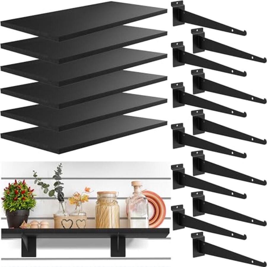 Houten Lamellen Wandplank Set van 6 50 8 cm x 20 cm Zwaar Belastbare Wandplanken met Metalen Beugels voor Thuis en Garage