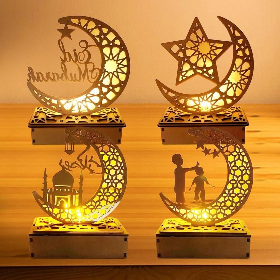 Houten lampen met ramadan-decoratie 4 stuks led hout decoratieve doe-het-zelf Eid Mubarak feeënlicht tafeldecoratie maan ster nachtverlichting geschenken