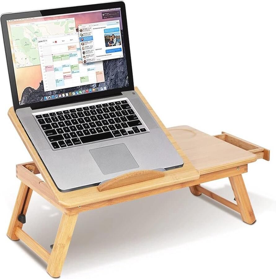 Houten Laptoptafel in Hoogte Verstelbaar Opvouwbare Bedtafel met Lade en Ventilatiegaten