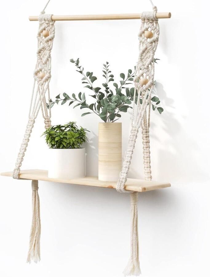 Houten macramé wandrek zwevende plank boho decoratie handgeweven kwast drijfhout chic woonkamer slaapkamer badkamer Wandrek