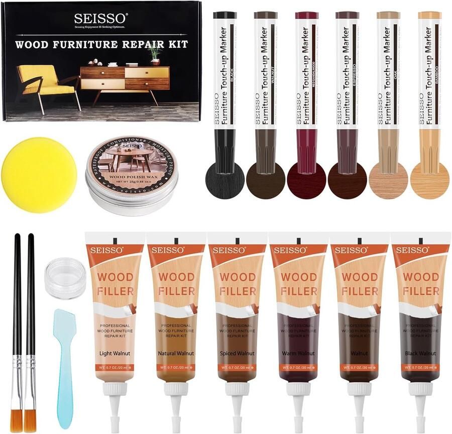 Houten Meubel Reparatieset met 6 houtvullers 6 bijwerkmarkers en houtpoetswas voor krassen vlekken en scheuren op houten meubels deuren laminaat en tafels
