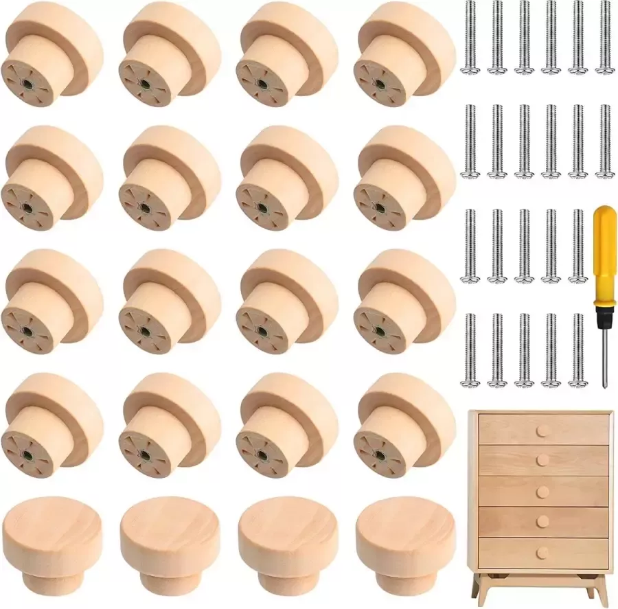 Houten meubelknoppen 24 ronde houten lades ladeknoppen ladekast ladekastknoppen met schroeven en schroevendraaier voor meubels keuken handgrepen ladekast lades