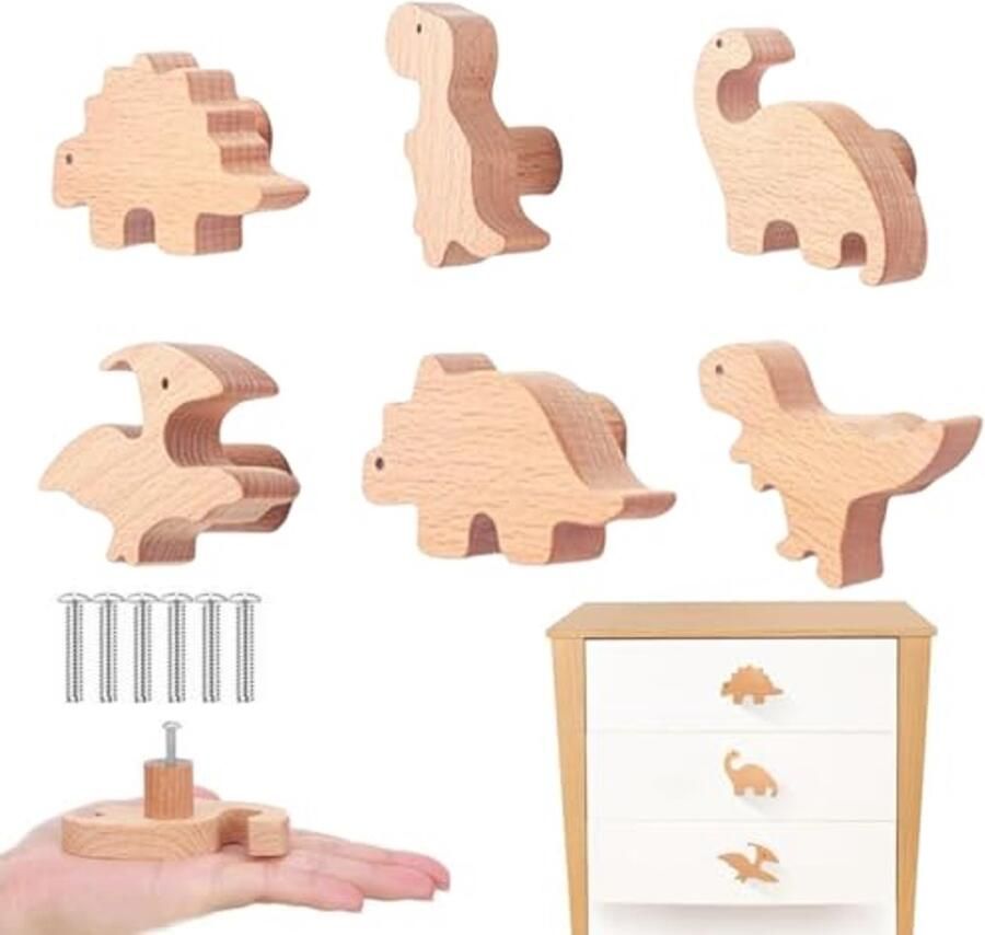 Houten Meubelknoppen 6 Stuks Schattige Dinosauruskastknoppen voor Kinderen
