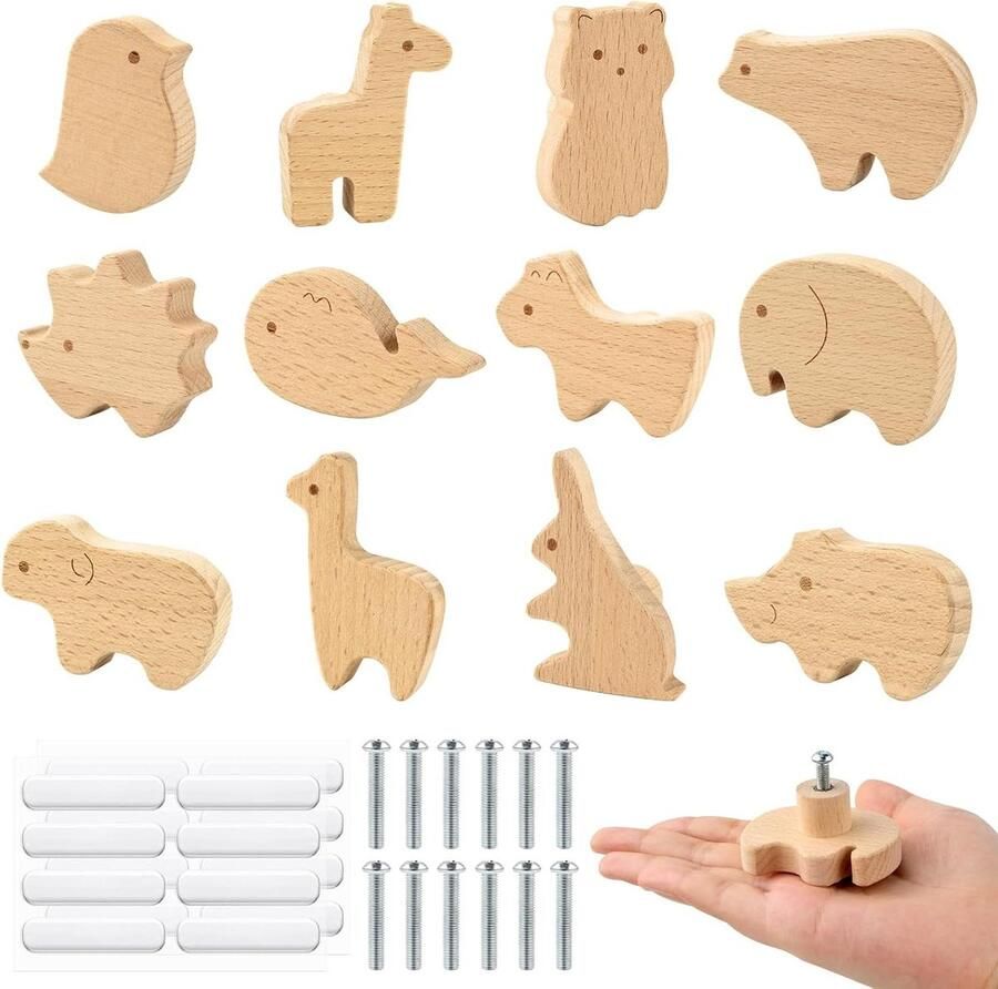 Houten Meubelknoppen Kinderkamer 12 stuks Dierenvormige Knoppen Met Schroeven Kasten en Laden Decoratie