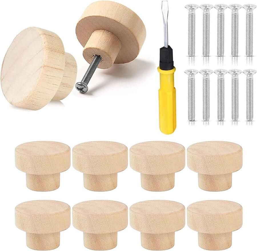 Houten meubelknoppen Ronde ladeknoppen met schroeven en schroevendraaier 10 stuks voor kast lade en keuken
