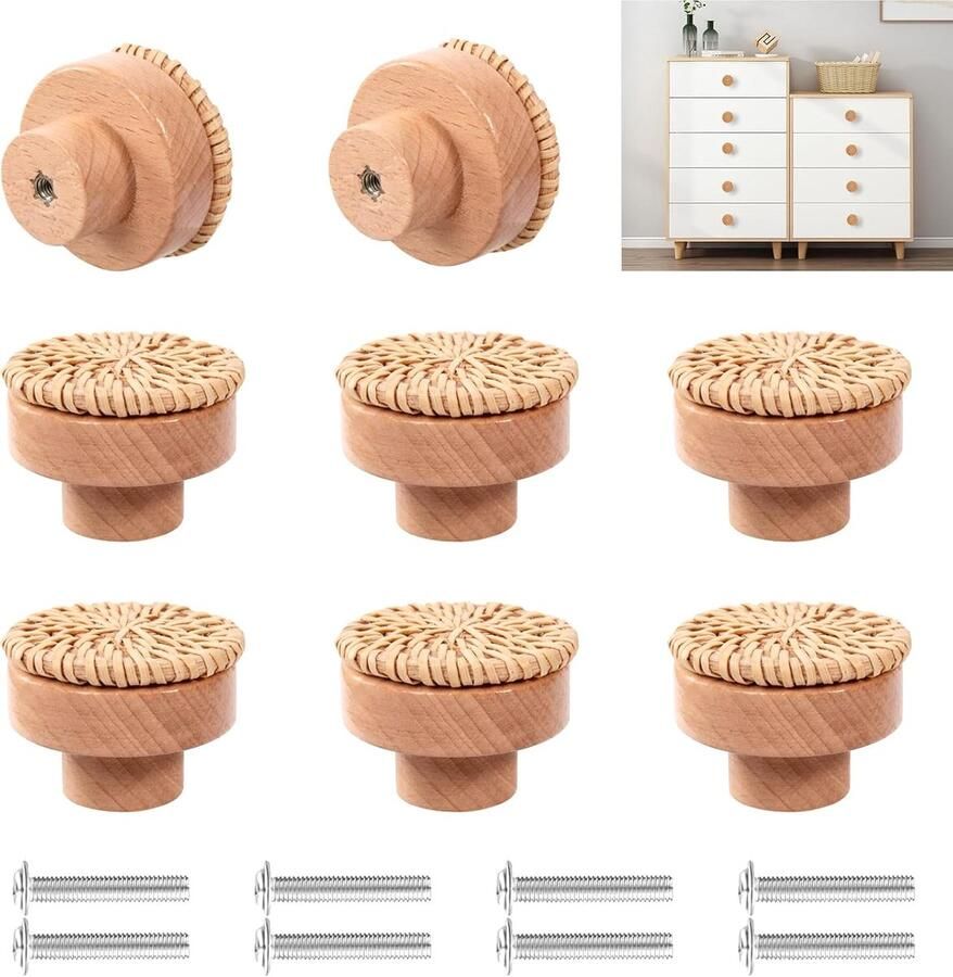 Houten meubelknoppen set rond 8 stuks rotan 40 x 30 mm