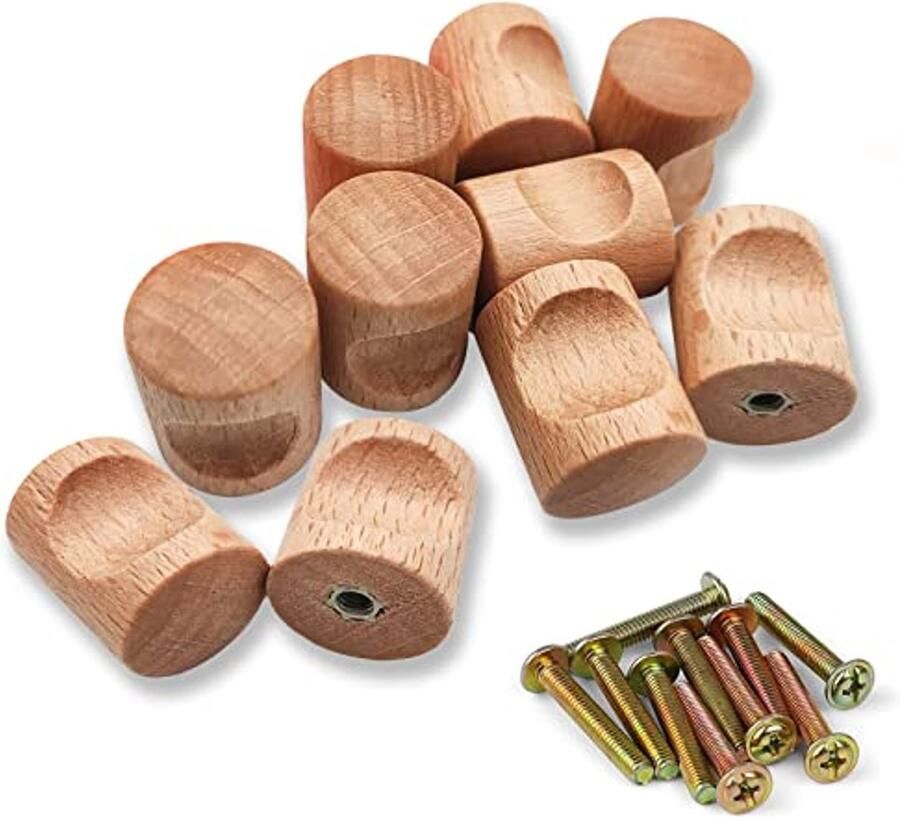 Houten Meubelknoppen Set van 10 Kastegrepen voor Laden en Kasten Natuurlijk Hout met Schroeven