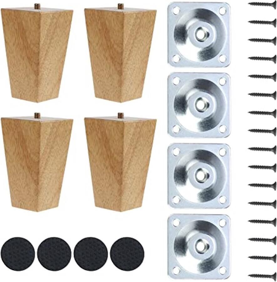 Houten Meubelpoten 10 cm 4 Stuks Duurzame Massief Eiken Poten met Bevestigingsplaten en Glijders