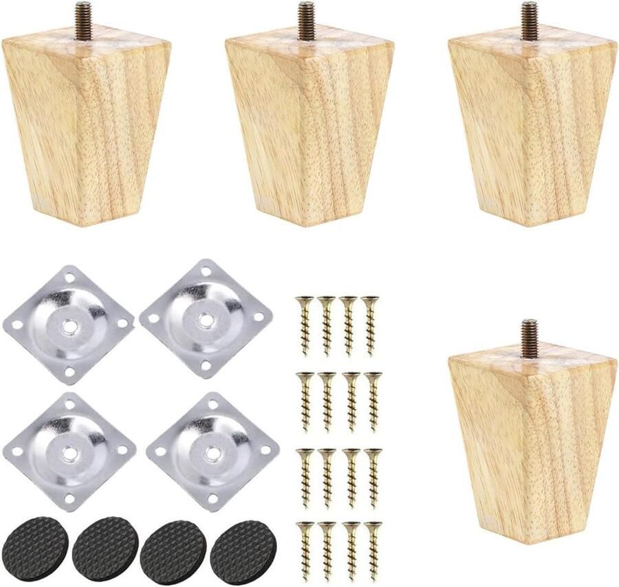Houten meubelpoten 10cm Set van 4 stuks voor slaapbank en fauteuil Met pakking en antislipmat Inclusief schroeven
