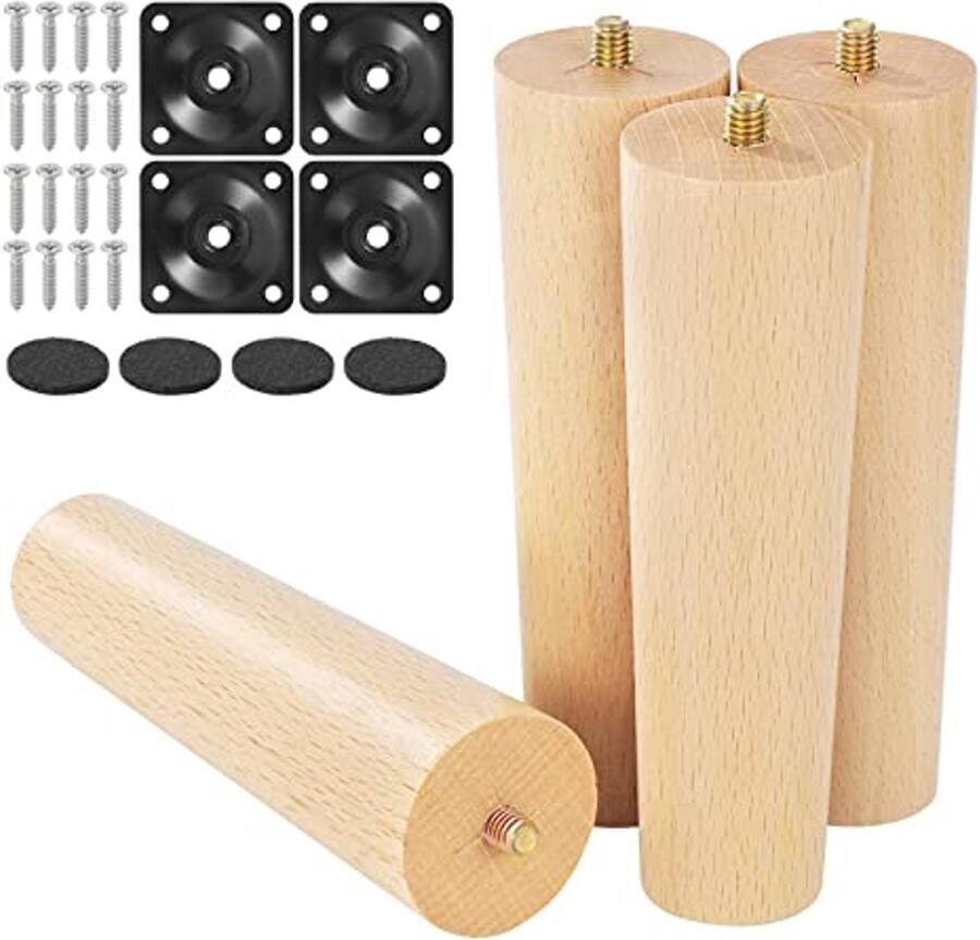 Houten meubelpoten 15 cm 4 stuks Massief beukenhout met montageplaat en anti-slip