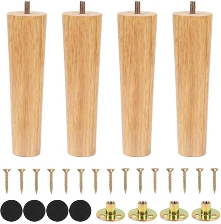 Houten meubelpoten rond 18 cm 4 stuks Vervangende poten voor meubels met montageplaat en rubberen pads