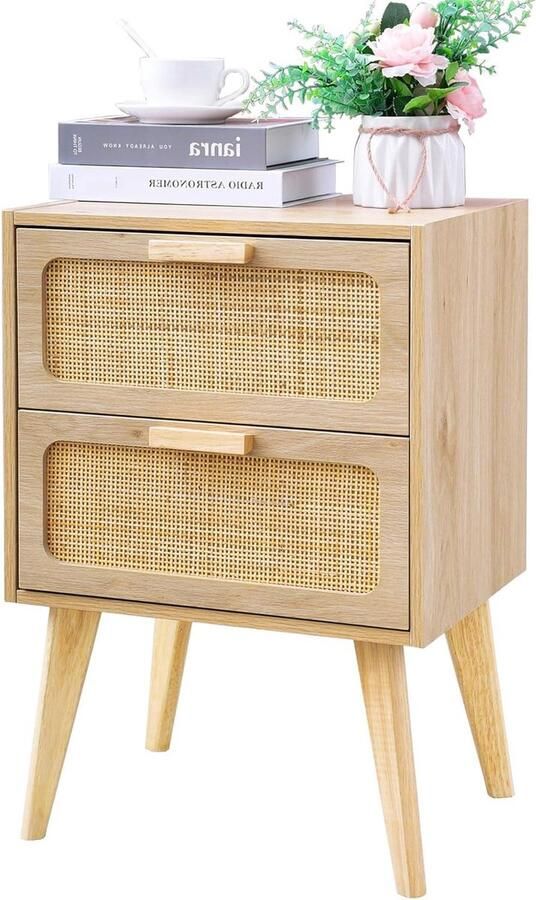 Houten nachtkastje bijzettafel met opslag boho stijl 1 stuk natuurlijk hout