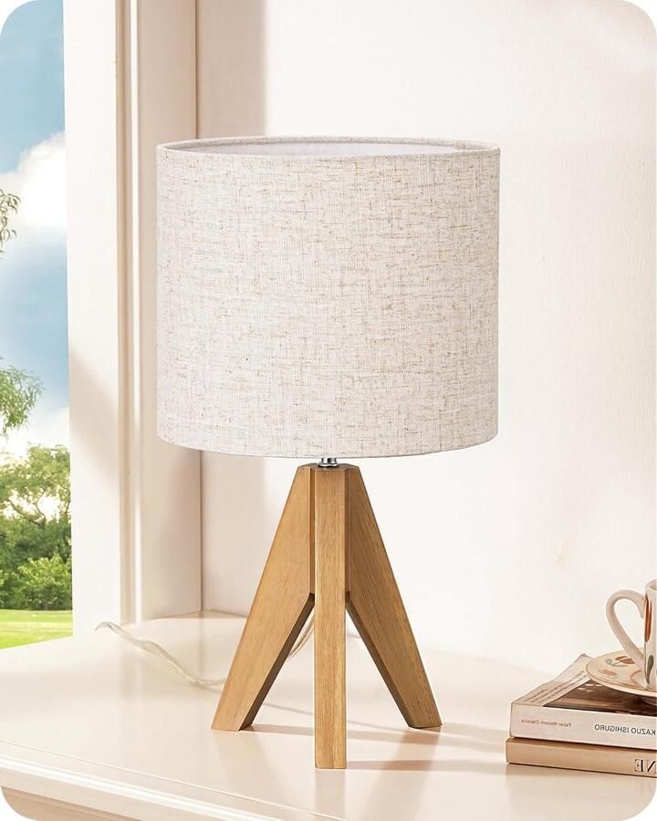 Houten Nachtkastje Lamp Linnen lampenkap E27 LED-lamp inbegrepen voor slaapkamer Moderne tafellamp